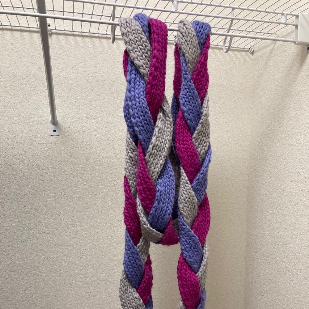 Hand knit, hand braided, tri-color, 100% Wool scarf